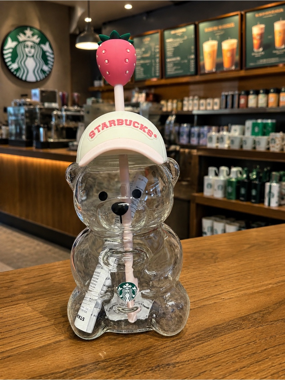 Starbucks Clear Bear Tumbler with Pink Strawberry Topper and White  Cap
